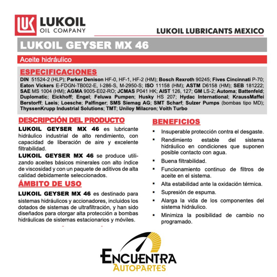 Aceite Hidráulico Lukoil Larga Vida Geyser MX 46 Cubeta 20L