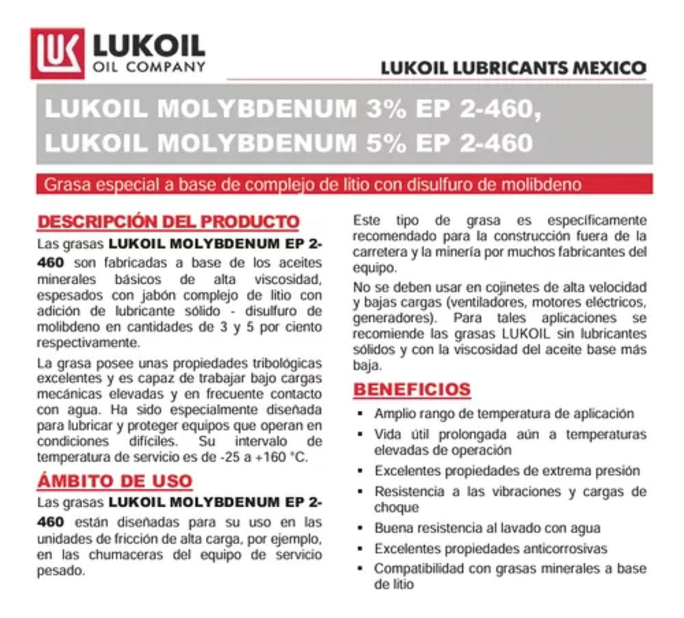 Grasa Especial LUKOIL MOLYBDENUM 3% EP 2-460 Caja 12 piezas